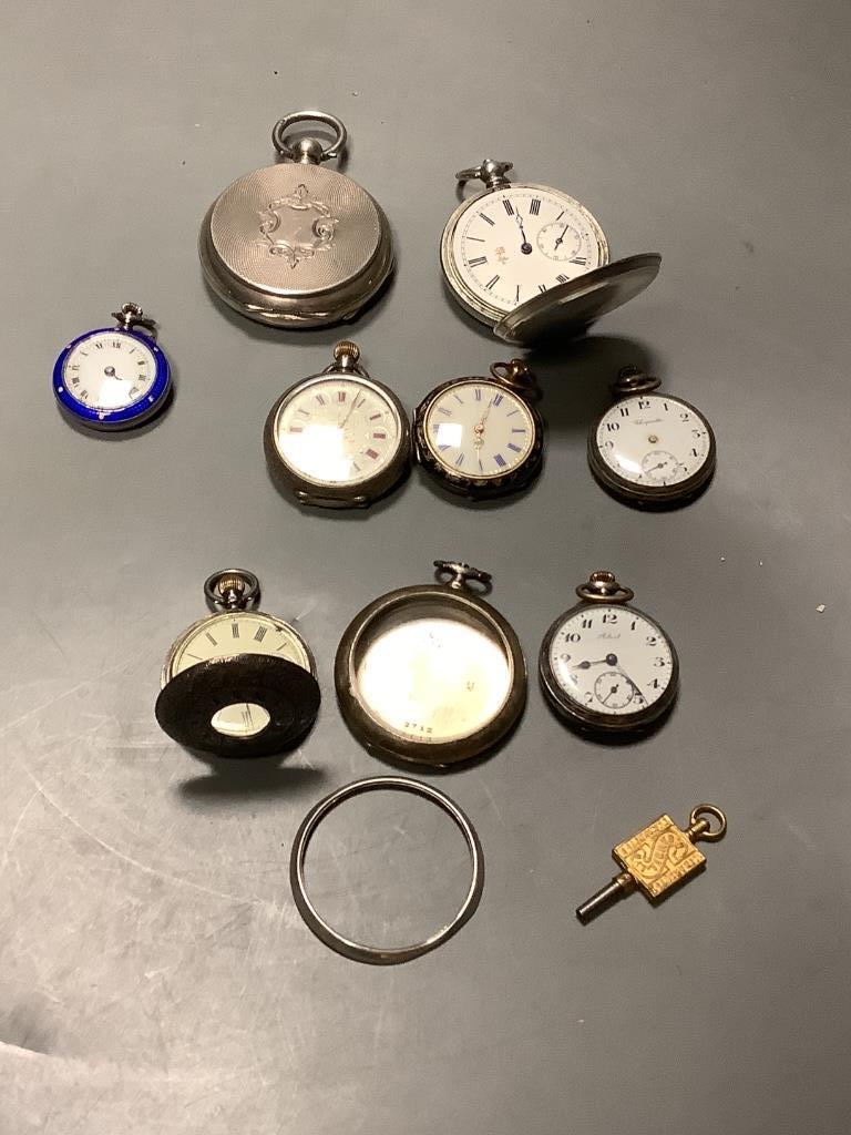Two white metal cased pocket watches including hunter by Perret & Fils, six white metal fob watches and a white metal watch case (some a.f.).
